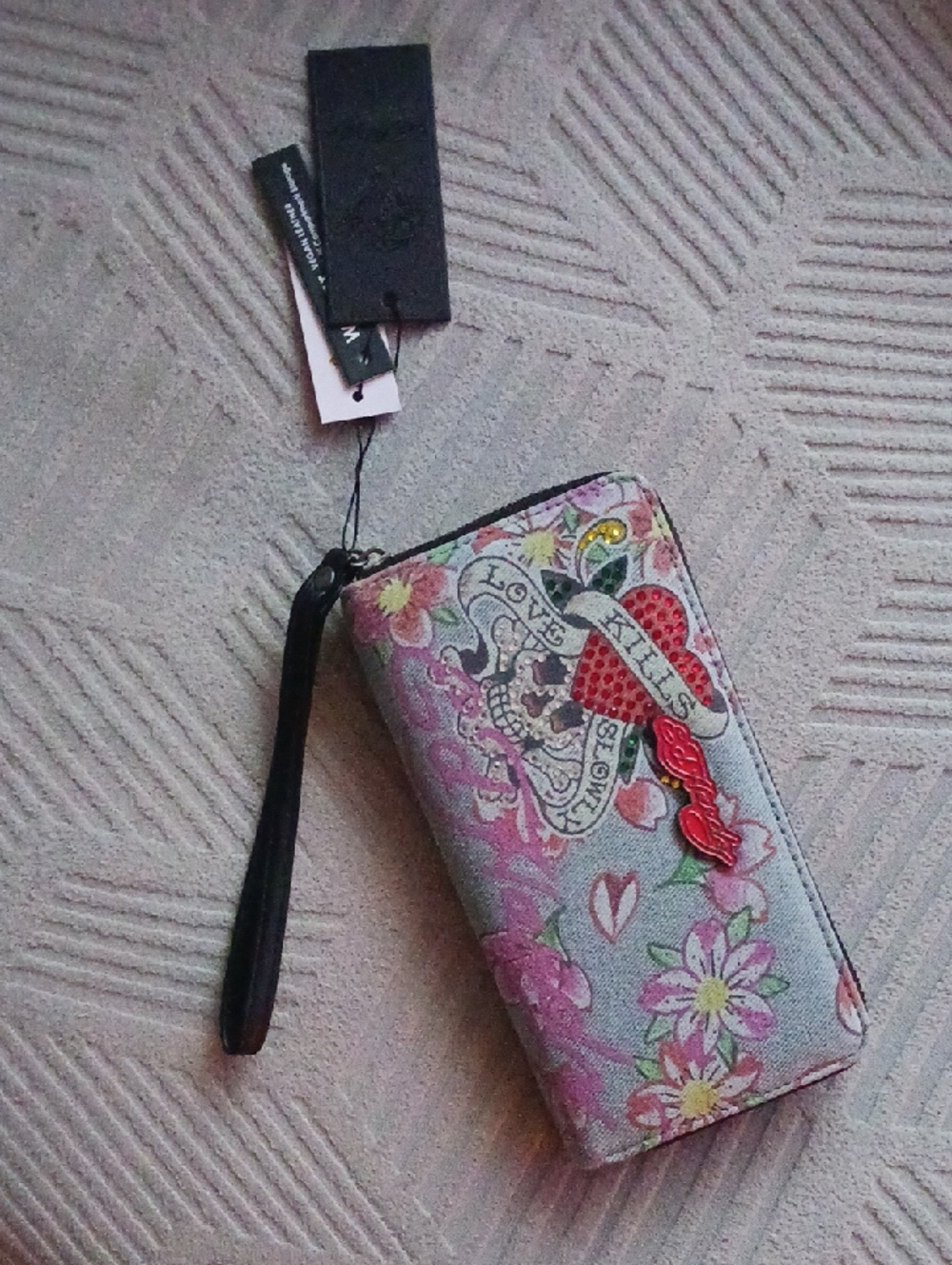 Ed Hardy Pink Floral Wristlet Wallet with Red Heart Detail